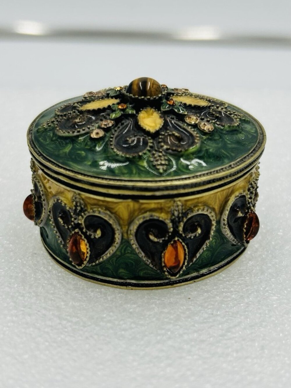 Jeweled Decorative 2" Trinket /Pill Box Ornate Rhinestones Lidded Metal